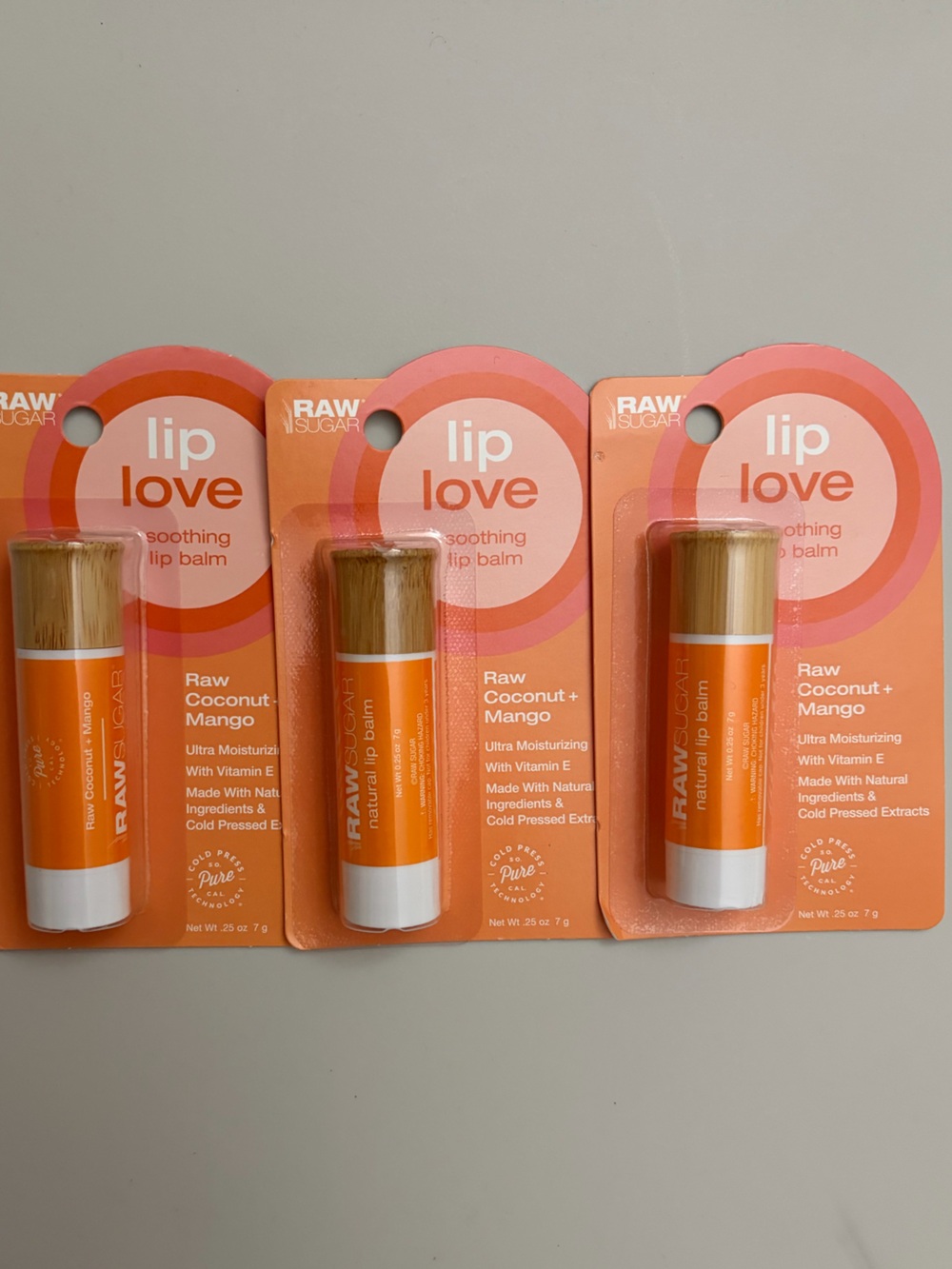 (3) Raw Sugar Lip Love Bundle- Mango Coconut- New- Carded and Sealed